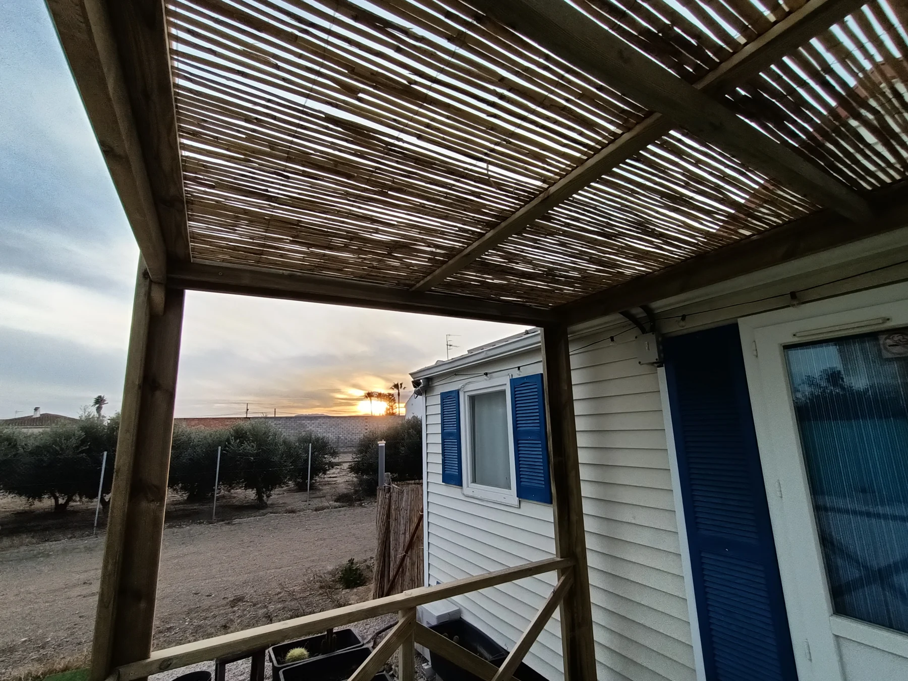 Detalle de cubierta de cañas sobre estructura de madera