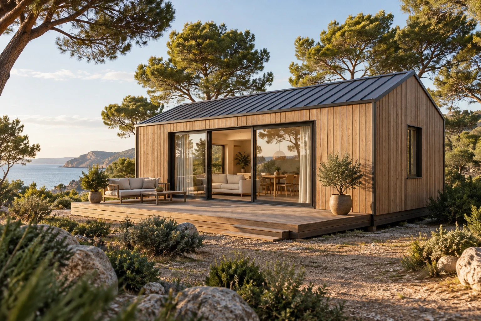 Visualización de una casa móvil de madera junto a un bosque